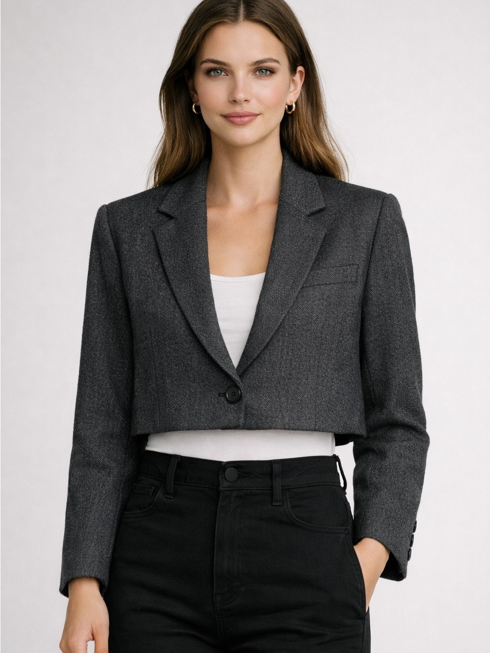 Boxy Cropped Herringbone Blazer Jacket - Charcoal